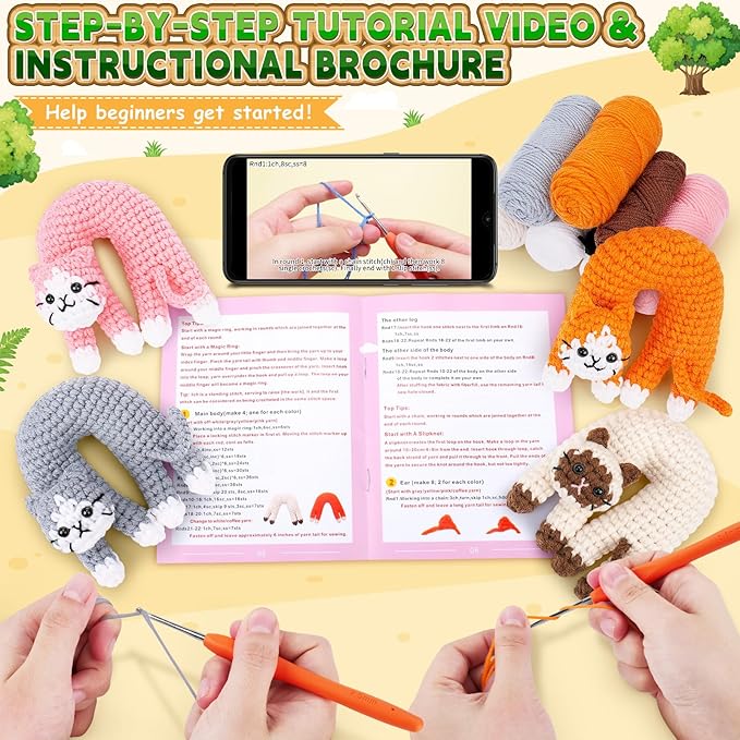 Crochet Kit for Beginners, 4 Pack Funny Cat Crochet Kits, Animal Starter Crochet Kit with Step-by-Step Video Tutorials, Easy DIY Cat Craft for Adults & Kids, Novelty Gift for Crochet Lovers