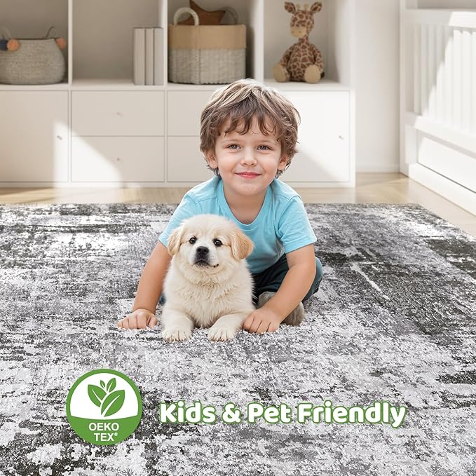 9x12 Area Rug Living Room: Washable Large Abstract Modern Soft Stain Resistant Indoor Floor Rugs Non Slip Accent Carpet for Bedroom Nursery Playroom Office Dining Room Dorm Home House- Black Grey