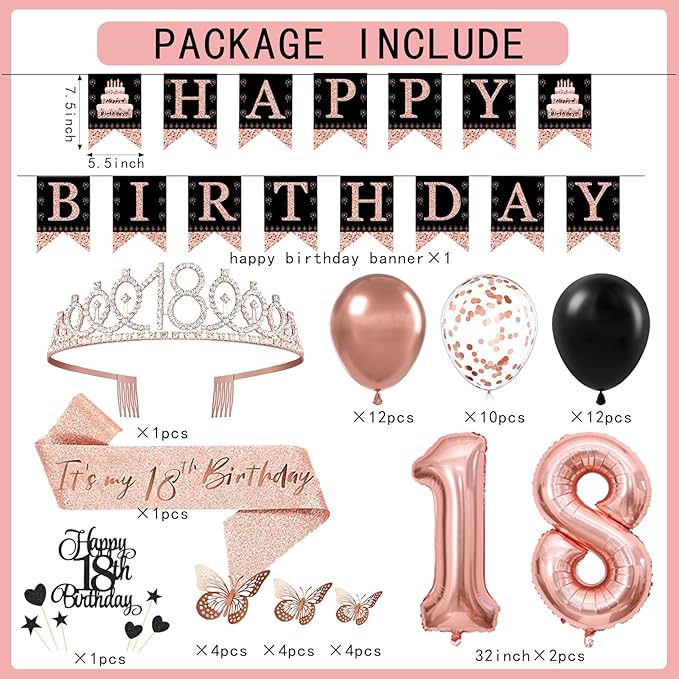 18th Birthday Decorations for Girls Women - 56pcs Rose Gold Happy 18th Banner, 18th Birthday Crown Sash, Cake Topper, Number 40 balloons, 3D Butterflies, 4 Balloon Stands kits