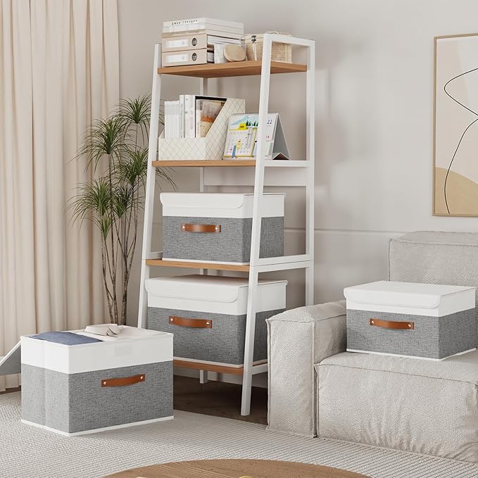 Yawinhe Storage Boxes with Lids, Linen Fabric Bin, Cube Organizer Basket, Washable and Leather Handle, for Home, Closet, White/Grey, 15.0''Lx9.8''Wx9.8''H, 3-Pack, USNK024WGL-3