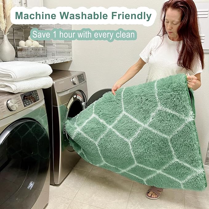 ONASAR Area Rugs for Bedroom Living Room, Washable 4x6 Fluffy Sage Green and White Throw Rug, Shaggy Geometric Floor Mat for Home Decor Aesthetic, Soft Plush Fuzzy Carpet for Nursery Kids Teen Dorm