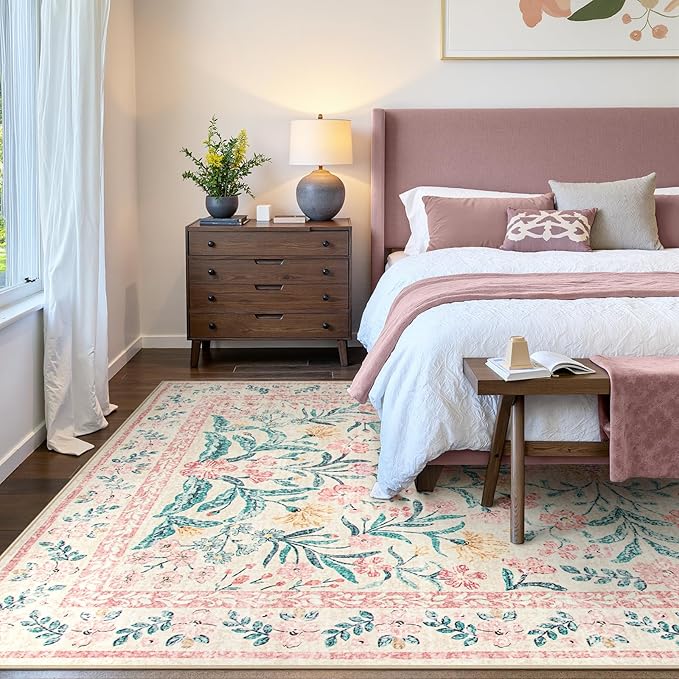 Wonnitar Floral Large Rugs for Living Room, Soft Light Pink Rug Washable 9x12 Carpet Non Slip, Boho Foldable Non-Shedding Kids Carpet for Bedroom Girls Nursery Dorm Playroom