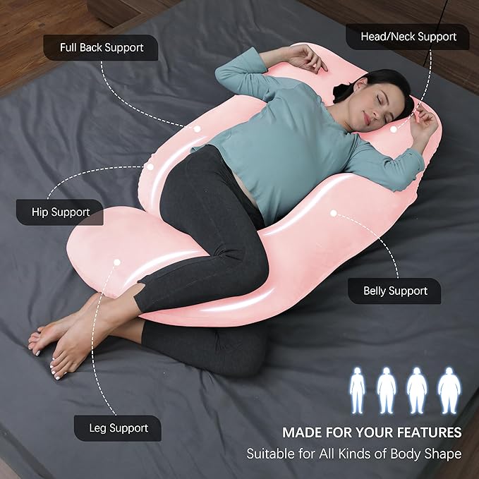 MOON PARK Pregnancy Pillows for Sleeping - U Shaped Full Body Maternity Pillow with Removable Cover - Support for Back, Legs, Belly, HIPS - 65 Inch - Pink