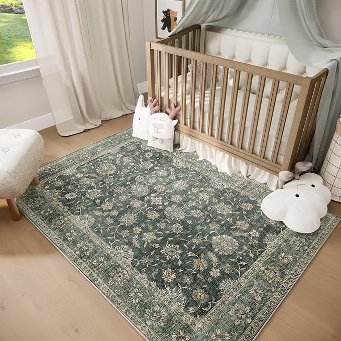 Washable 4x6 Rugs for Living Room, Boho Non-Slip Silicone Backing Small Rugs for Bedroom Nursery Office, 0.3" Neutral Oriental Throw Carpet with 0.16" Cushioning Pad, Sage Green/Multi