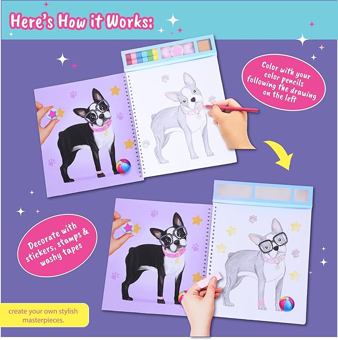 BSCOOL Dog in Style – Design Your Pet Fashion with 25 Coloring Pages, 3 Stamps, 50+ Stickers, Washi Tapes and Guides. Discover Unique Outfits for Dogs. Educational. Travel Friendly for Ages 5 and up.