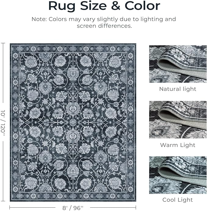 Black 8x10 Area Rugs for Living Room, Washable Large Bedroom Rug, Soft Non Slip Floral Carpet, Stain Resistant Low Pile Carpets for Indoor Under Table Dining Home Office Nursery, Black