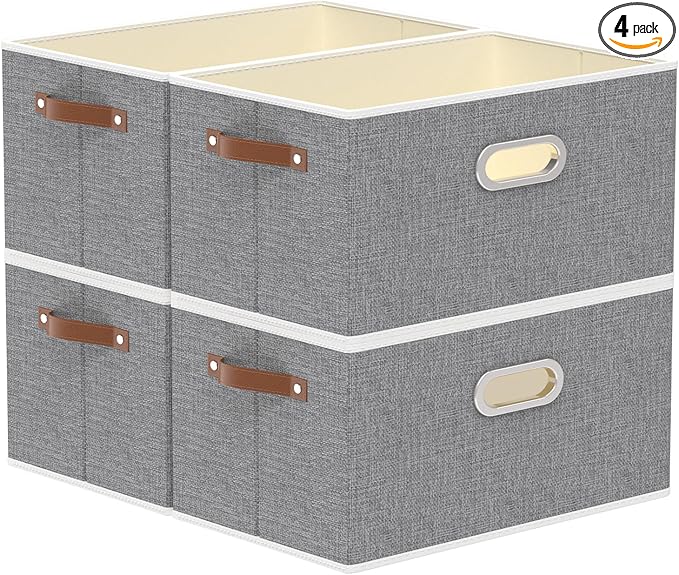 Yawinhe Foldable Storage Baskets for Shelves, Fabric Closet Organizers, Bins with 3 Handles, Cubes for Clothes, Grey, 15''Lx9.8''Wx8.3''H, 4-Pack