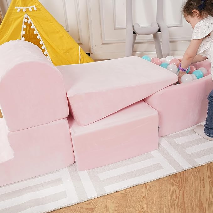 Foam Climbing Blocks for Toddlers 1-3 - Climb and Crawl Activity Playset - Indoor Activity Play Structure for Toddlers - Foam Soft Play Set for Babies - 5 PCS - Balls NOT Included - Pink