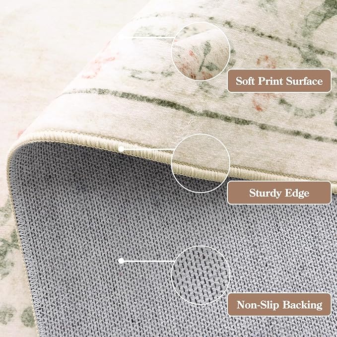 Wonnitar Floral Bow Washable Area Rug 5x7, Ultra-Thin Beige Rugs for Bedroom, Boho Non Shedding Neutral Soft Carpet for Nursey Kids Room Dorm Living Room, Beige