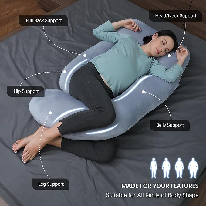 MOON PARK Pregnancy Pillows for Sleeping - U Shaped Full Body Maternity Pillow with Removable Cover - Support for Back, Legs, Belly, HIPS - 65 Inch - Grey