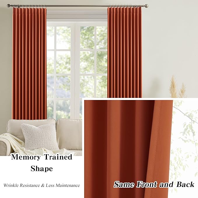 KEQIAOSUOCAI Burnt Orange Window Curtains 72 Inches Long, Fall Block Out Room Darkening Insulated Memory Shape Boho Muted Ochre Orange Curtain for Bedroom 40 Inch Wide Each Panel,Set of 2,Pinch Pleat