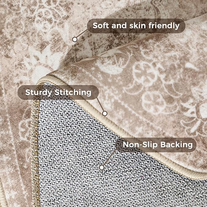 jinchan Round Rug 7ft Area Rug - Brown Vintage Floor Mat Kitchen Indoor - Washable Circle 7' Thin Floral Print Carpet Retro Farmhouse Non Slip Dining Room Living Room Bedroom Office