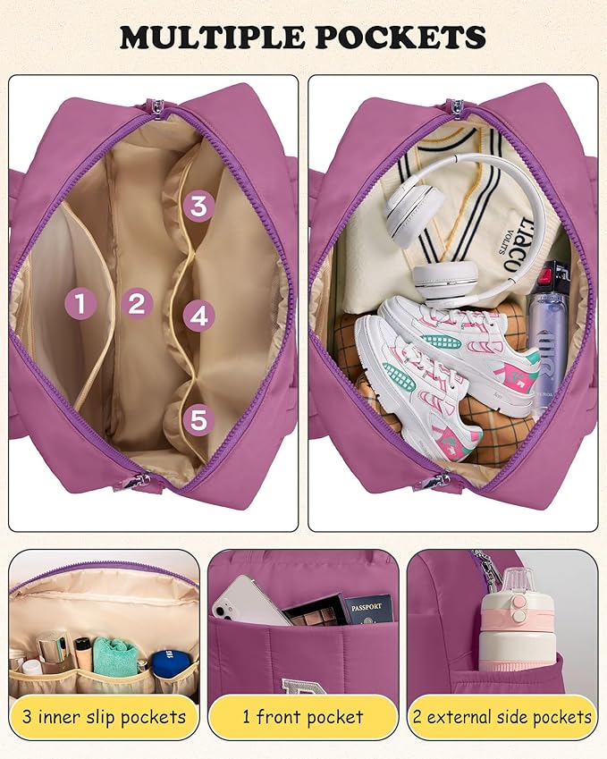 Duffle Bag with Initial, Spend The Night Bags for Women，Overnight Bag with Wet Pocket，Lightweight Travel Bags Personalized Gym Tote with Makeup Pouch