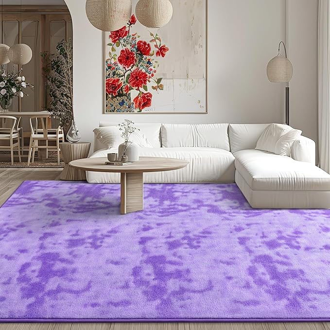 Kimicole 7x10 Washable Area Rugs for Living Room Bedroom, Large Low Pile Ulta-Thin Solid Color Rug, Non-Slip Soft Fluffy Carpet for Nursery Kids Room Dorm Room Home Decor (Purple)
