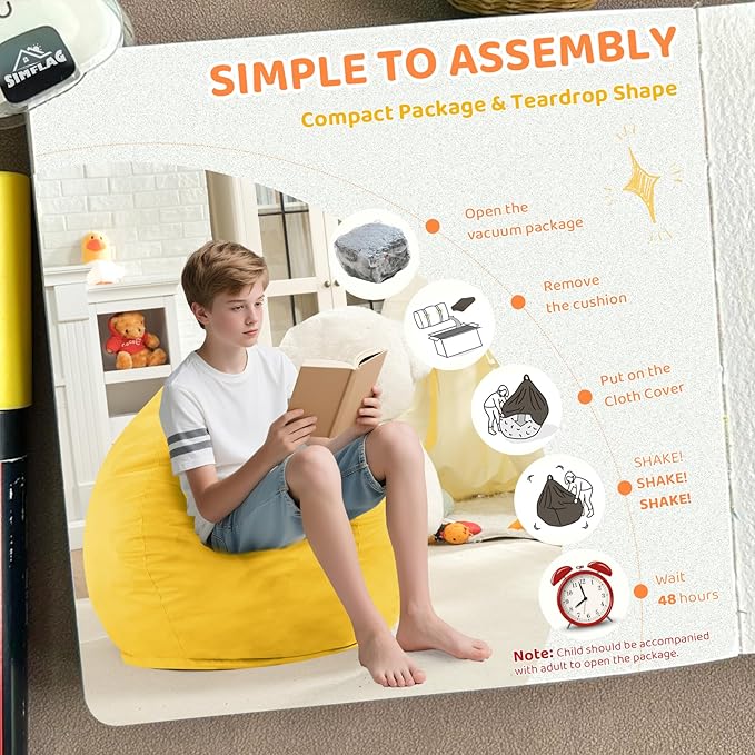 2FT Bean Bag Chair, Comfy Bean Bag Chairs with Memory Foam Filled, Fluffy Beanbag Sofa with Dutch Velvet Cover, Teardrop BeanBag Chairs for Living Room, Playroom - Lemon