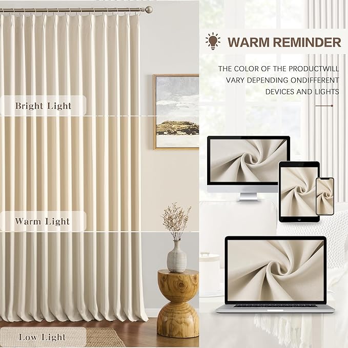 KEQIAOSUOCAI Pleated 60 Wide Curtains for Windows 105 inch Length - Solid Thermal Insulated Pinch Pleats Panels for Living Room (Cream Beige, W60 x L105, 2 Panels = 120" Wide)