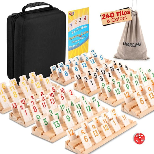 Deluxe Rummy Cube Game Set 6-8 Players with 8 Wooden Racks and 240 Melamine Rummy Tiles, Travel Family Board Game for Adults and Kids