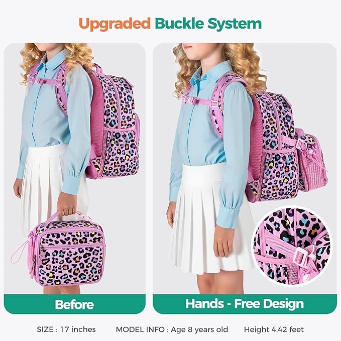 Choco Mocha Cheetah Backpack for Girls, Elementary School Backpack for Girls Ages 6-8 Kids Kindergarten Backpack Bookbag 17 Inch with Chest Strap, Pink