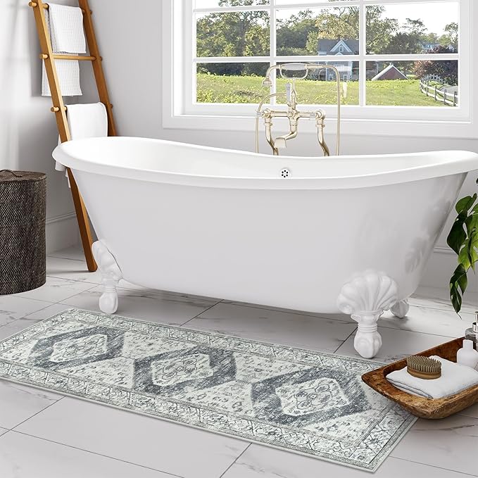 Lahome Boho Runner Rug for Hallway - 2x7 ‎Stain Resistant Non-Slip Kitchen Runners Non Skid Washable 7 Ft Lightweight Throw Bathroom Runner, Oriental Distressed Print Runner for Bedroom Laundry Room