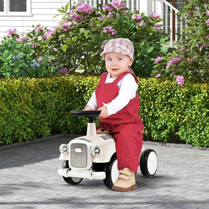 HONEY JOY Ride On Push Car, Outdoor Toddler Riding Toys w/Steering Wheel, Horn & Storage, Foot-to-Floor Sliding Car, No Batteries, Retro Baby Ride On Toys for Boys and Girls (White)