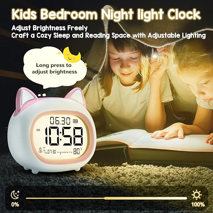 Kids Alarm Clock with Night Light for Kids, Small Digital Alarm Clocks for Bedrooms, Routine Builder, Cute Cat Alarm Clock with Sleep Training, Snooze, 12/24H, Date & Day, Temperature, USB Port