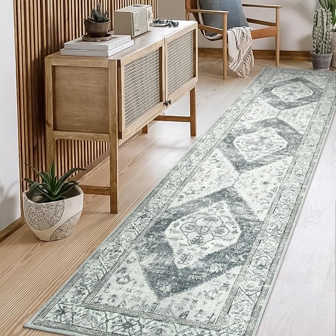 Lahome Boho Washable Kitchen Runner - 2x10 Extra Long Stain Resistant Non-Slip Stair Rug Lightweight Throw Floor Oriental Distressed Print Runner for Bedroom Entryway