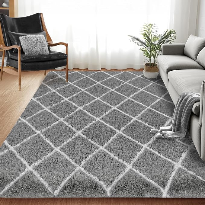 Fluffy Rug for Bedroom, 4X6Feet Super Soft Rug, Stripe Checkered Anti-Skid High Pile for Living Room Bedroom Kids Room Nursery, Dorm Home Decor