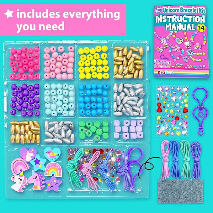 KRAFUN Unicorn Bracelet Craft Kit for Kids, Premium Wooden Beads, 14 Easy DIY Friendship Bracelets, Charms, Gem Stickers, Instructions, Gift for Girls