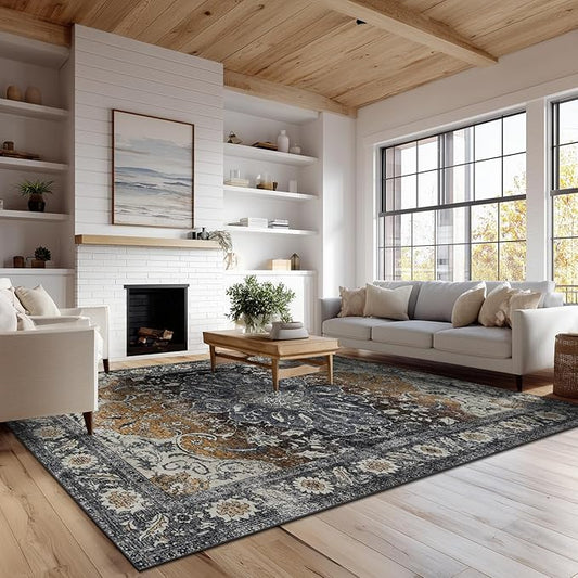 Washable Area Rugs 8x10, Large Rugs for Living Room, Carpet for Bedroom, Soft Faux Wool Retro Dining Room Rug, Non-Slip Backing Resistant Low Pile Vintage Print Rug for Home Office (Tan/Gray)