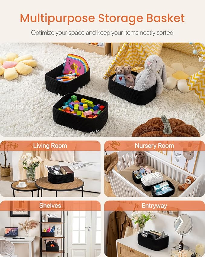 KALLAX Small Woven Basket, 12 x 8 x 4.5 Inches, Storage Basket for Organizing, Cute Small Rope Shelf Closet Cube Storage Bins Baskets for Shelves, Dog Toy Gift Baskets Empty, 3 Packs, Black