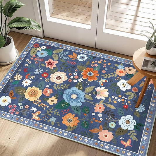 Floral 2x3 Area Rug Machine Washable Soft Print Boho Carpet Non Slip Doormat Low Pile Flower Area Rugs for Living Room Bedroom Nursery Kitchen Dining Room Indoor-Blue/Grey