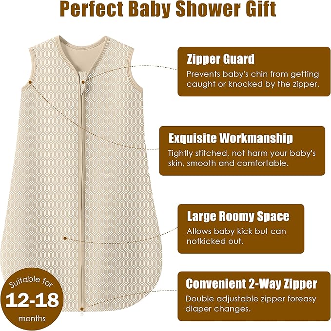 SWEET DOLPHIN Baby Sleep Sack 12-18 Months - 100% Cotton 2-Way Zipper TOG 0.5 Infant Wearable Blanket, Newborn Essentials Toddler 3 Pack Sleeping Sacks - Brown