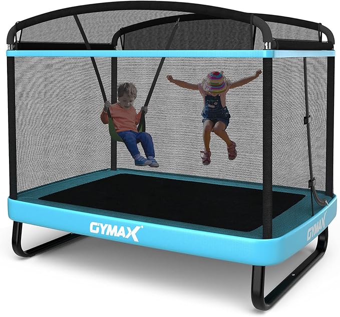 GYMAX Trampoline for Kids, 6FT Toddler Trampoline with Swing & Enclosure Safety Net, ASTM Approved Rectangle Recreational Trampoline for Indoor/Outdoor, Birthday for Baby Boys & Girls