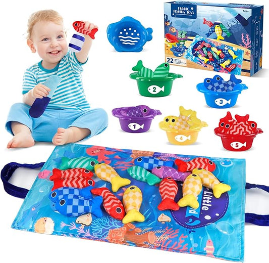 Montessori Fishing Game for Toddlers 1-3, Cloth Fishing Toys for Toddlers with Stacking Cups Educational Learning Toys - Number Counting, Color Sorting, Baby Sensory Toy for 6-12 Months, Baby Gifts