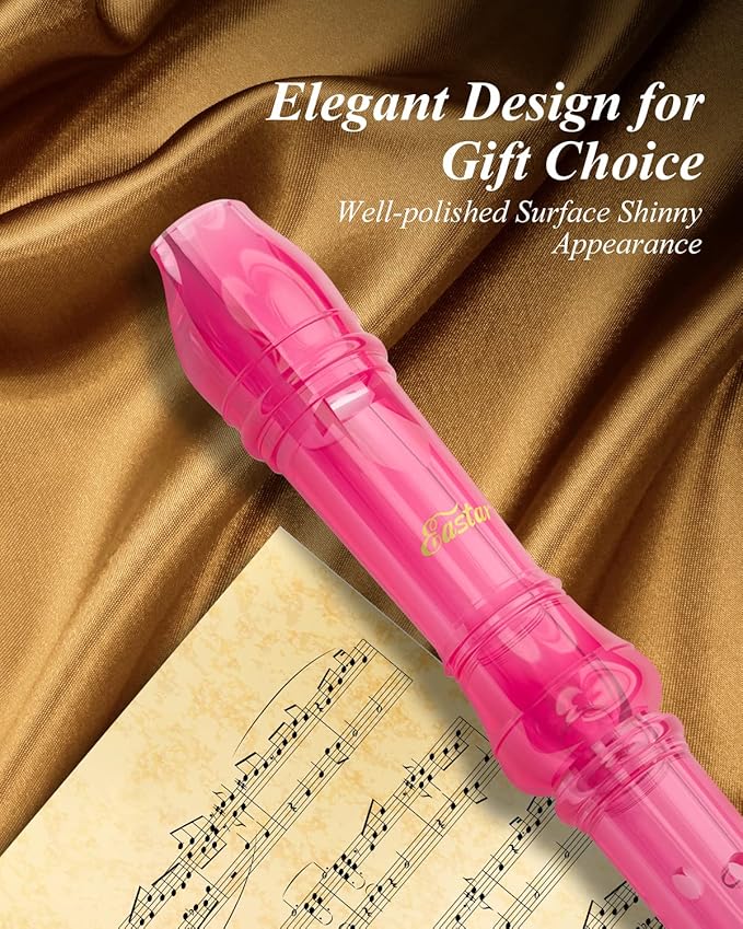 Eastar Soprano Recorder Instrument for Kids Students Beginners, German fingering C Key with Cleaning Kit, Storage Bag, Fingering Chart, ERS-1GP, Pink, School-Approved