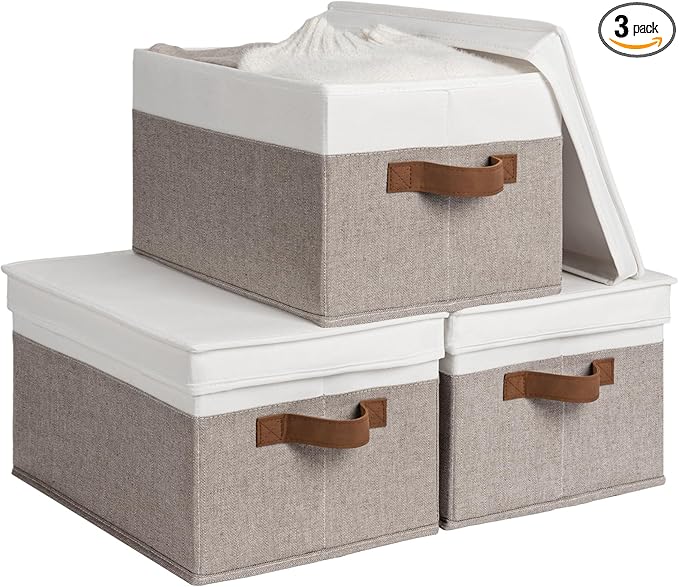 StorageWorks Large Storage Bins with Lids, Decorative Storage Boxes with Lid and PU Handles, Foldable Storage Baskets for Closet, Shelves, Stackable, Brown and White, 3-Pack