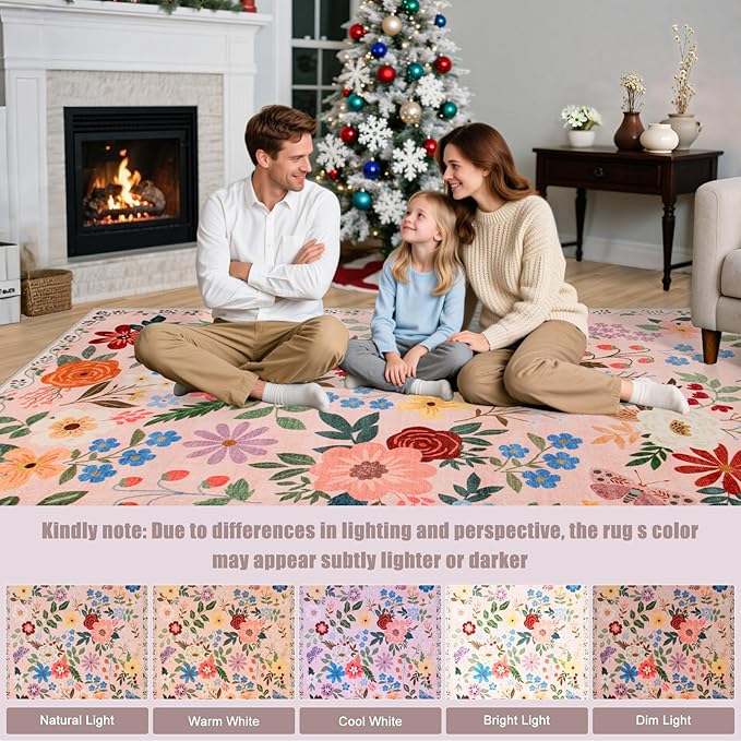 Area Rug Living Room Rugs: Floral 5x7 Washable Rug Vintage Soft Boho Non-Slip Carpet Indoor Floor Stain Resistant Large Carpets for Bedroom Dining Room Farmhouse Nursery Hallway Home Office Beige
