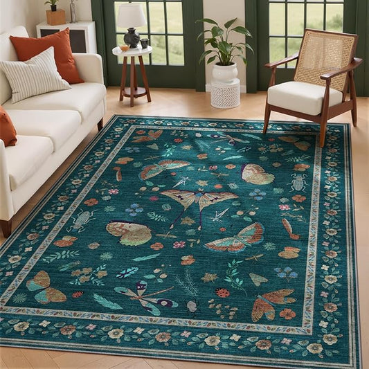 5x7 Washable Area Rug with Insect Print - Bug Rug Non-Shedding Stain Resistant Soft Carpet for Bedroom, Low Pile Ultra-Thin Machine Washable Carpet for Dining Room, Kids Nursery, Office (5'x7' Teal)