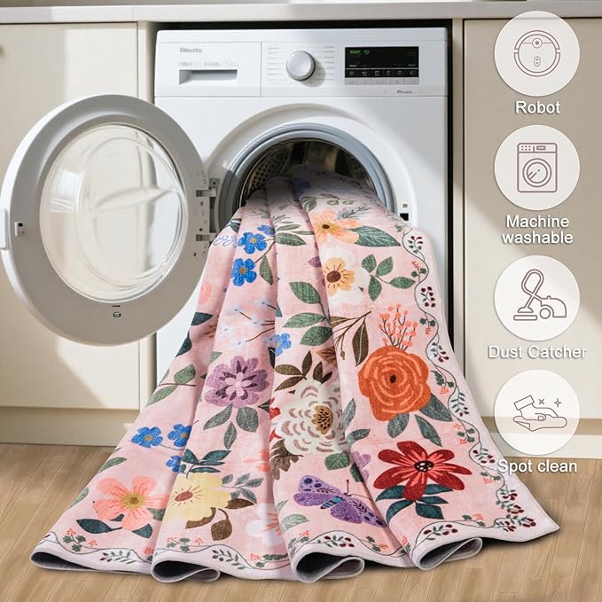 Runner Rug for Entryway: 2x6 Kitchen Rugs Non Slip Washable Ultra-Thin Soft Floral Carpet Indoor Floor Stain Resistant Carpets for Hallway Bedroom Kitchen Laundry Bathroom Dorm Beige