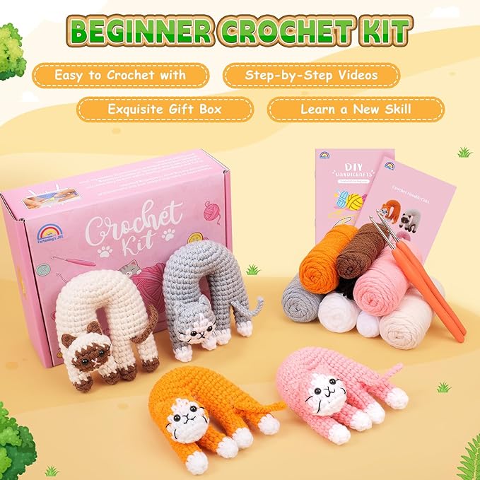 Crochet Kit for Beginners, 4 Pack Funny Cat Crochet Kits, Animal Starter Crochet Kit with Step-by-Step Video Tutorials, Easy DIY Cat Craft for Adults & Kids, Novelty Gift for Crochet Lovers