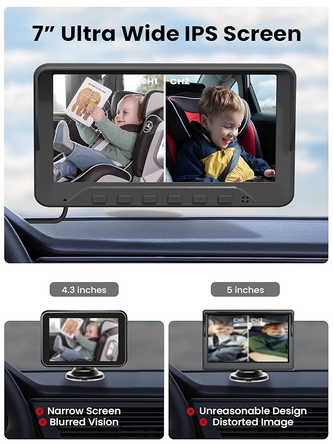 GROWNSY Dual Car Camera Baby Monitor, 7" 1080P AHD Car Camera for 2kids, Backseat Mirror for Baby Rear Facing with Infrared Night Vision, Easily Observe Baby's Every Move