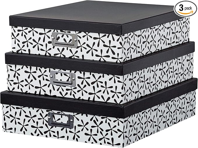 Soul & Lane Decorative Cardboard Storage Boxes With Lids for Home Décor, Set of 3 Nesting Black and White Photo Storage for Documents and Scrapbook Paper, Memory Boxes For Keepsakes