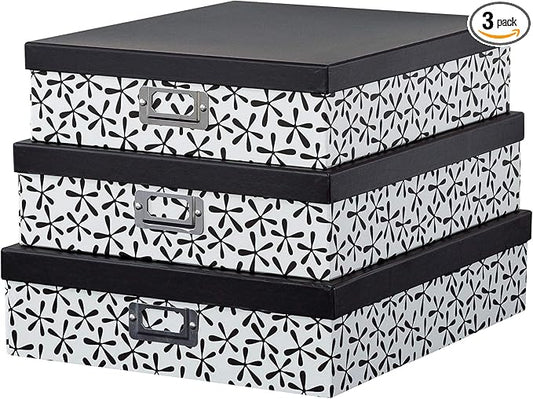 Soul & Lane Decorative Cardboard Storage Boxes With Lids for Home Décor, Set of 3 Nesting Black and White Photo Storage for Documents and Scrapbook Paper, Memory Boxes For Keepsakes