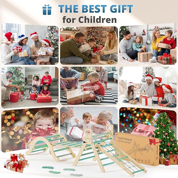 BlueWood 10-in-1 Pikler Triangle Set, Toddler Climbing Toys Indoor, Montessori Climber, Baby Jungle Gyms with Arch, Extra Rope Ladder & Footprint Balance Beam - Emerald Forest