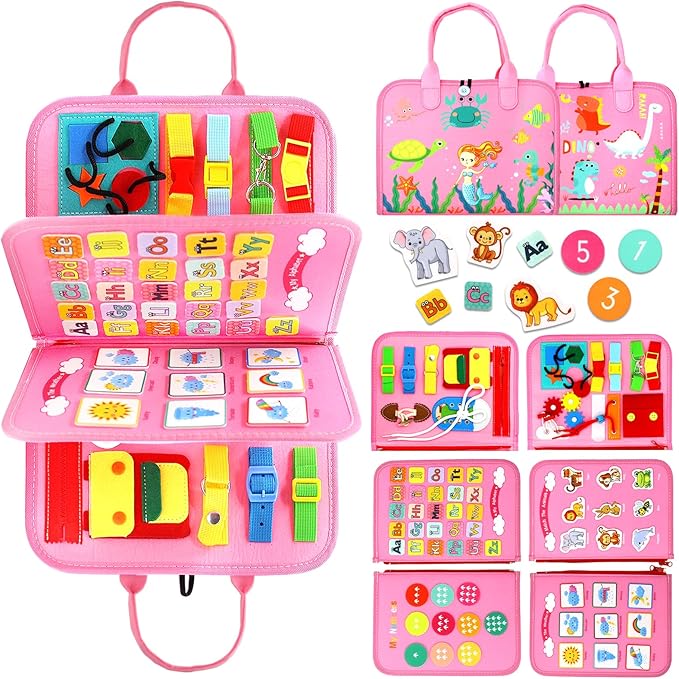 Qizfun Busy Board Montessori Toy for 1 2 3 4 Years Old, Educational Activity Sensory Board Preschool Learning Fine Motor Skills Toys, Toddler Travel Toy for Plane Car, Gift for Boys Girls (Pink/P4)