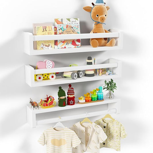 Heimlove Nursery Floating Shelves, White Nursery Book Shelves for Wall, 24 inch Wall Bookshelf for Kids Solid Wood Wall Mounted Shelves for Books,Toys and Decor Storage, Set of 3