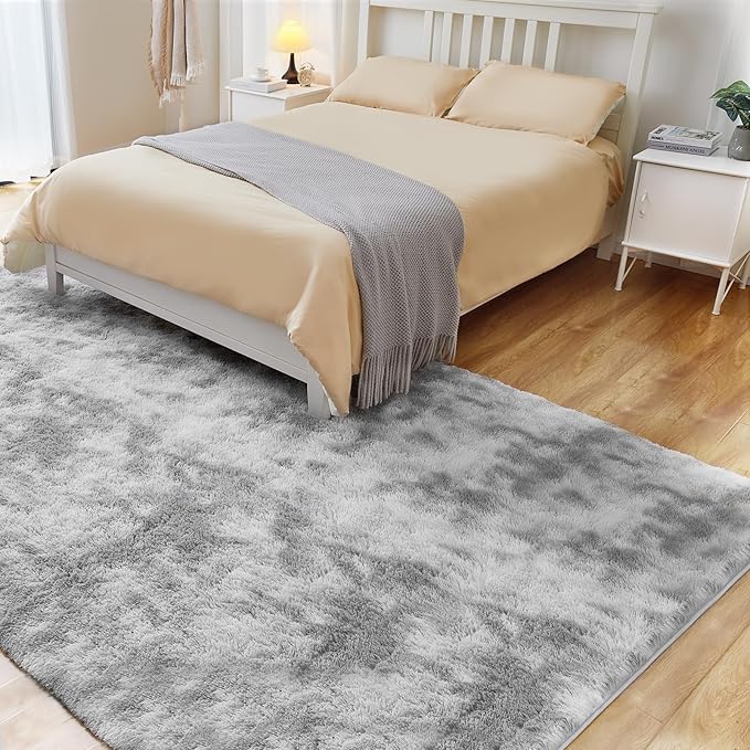 Ultra Soft Area Rugs for Living Room, 5x7 Tie-Dyed Light Grey Fluffy Plush Rugs for Bedroom, Non-Slip Floor Carpet for Nursery, Bedside, Playroom, Corridor, Indoor Decor