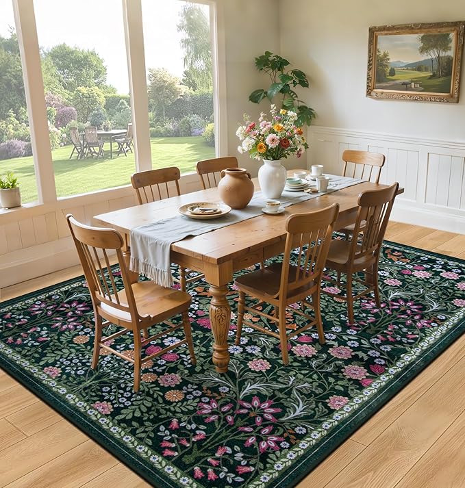 Area Rug Living Room Rugs: Floral 5x7 Washable Rug Vintage Soft Boho Non-Slip Carpet Indoor Floor Stain Resistant Large Carpets for Bedroom Dining Room Farmhouse Nursery Hallway Home Office Dark Green