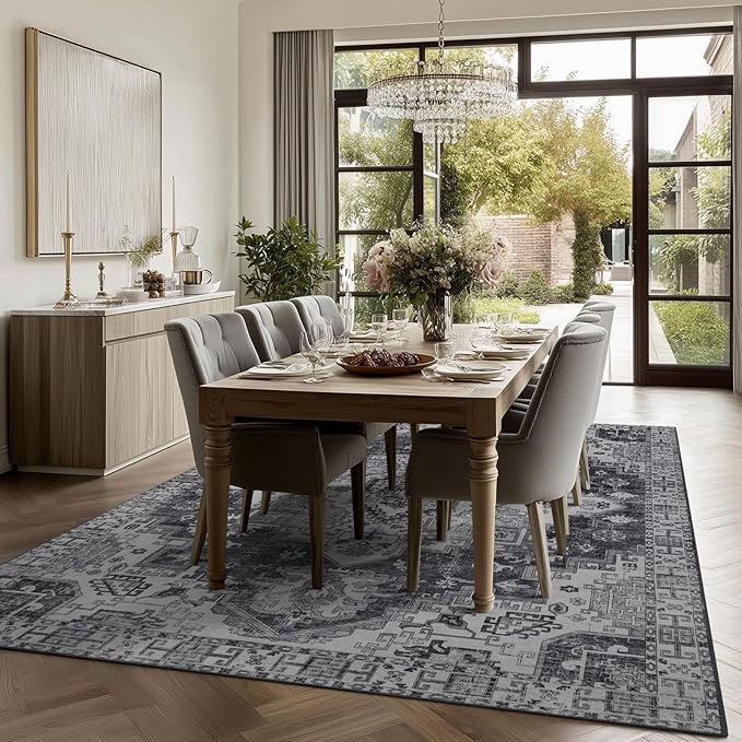 Washable Rugs 5x7 Area Rugs for Living Room, Thin Carpet for Bedroom, Soft Faux Wool Retro Dining Room Rug，Non Slip&Non-Shedding Resistant Low Pile Vintage Print Rug for Home Office (Medium Gray)