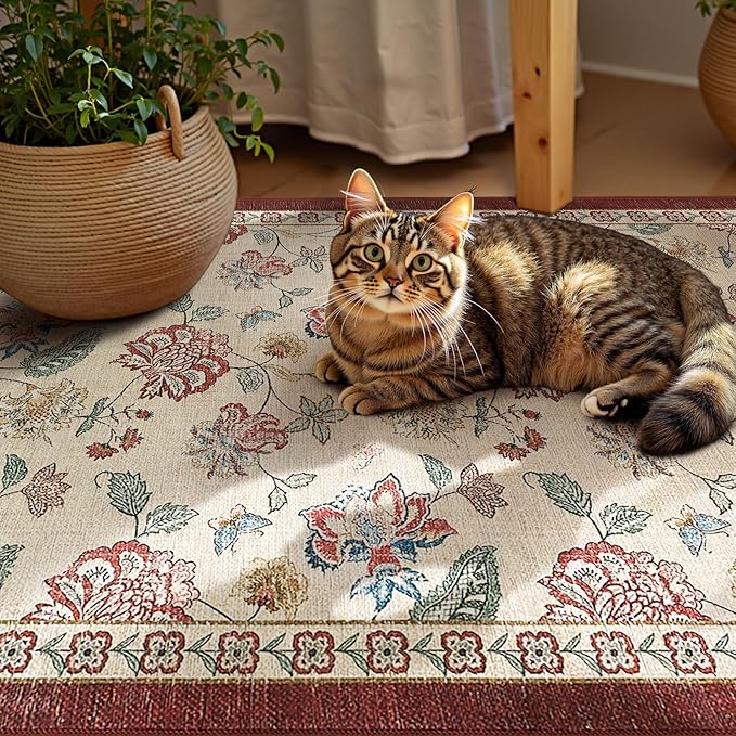 jinchan 3x5 Floral Rug for Entryway Washable Kitchen Rug Vintage Romance Design Small Mat Non Slip Indoor Doormat Lightweight Low-Profile Throw Carpet for Entrance Bathroom Laundry Room, Red/Beige